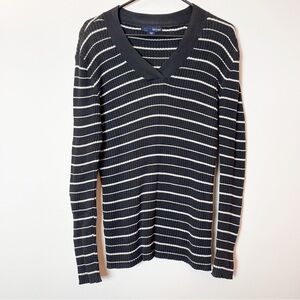 Basic Editions Strip V Neck Long Sleeve Sweater Sz L